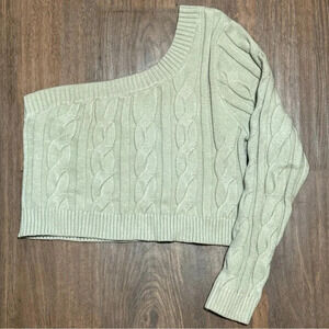 LE LIS One Sleeve Cropped Cable Knit Sweater Light Sage Green Viscose Sz Medium